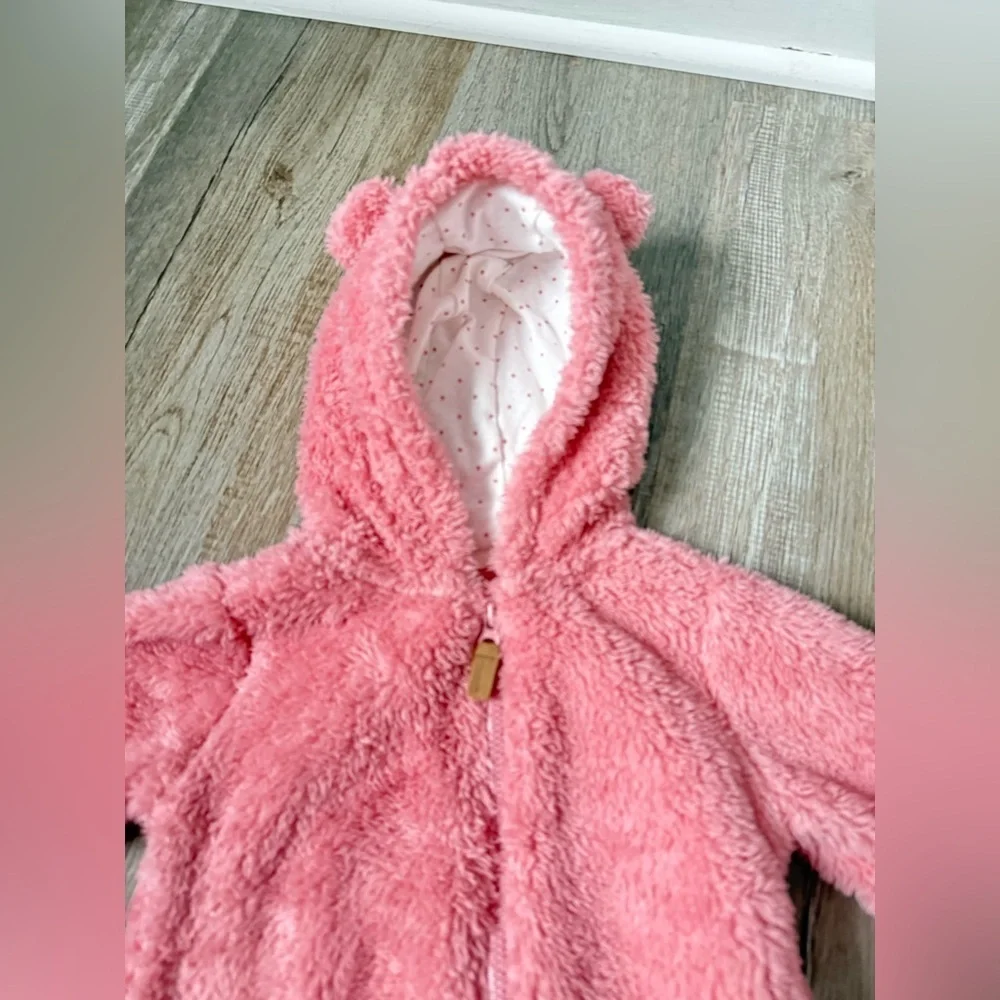Carters Fleece Hooded Bear Bunting Outfit Teddy Pink One Piece Baby Size 3 6 Mos